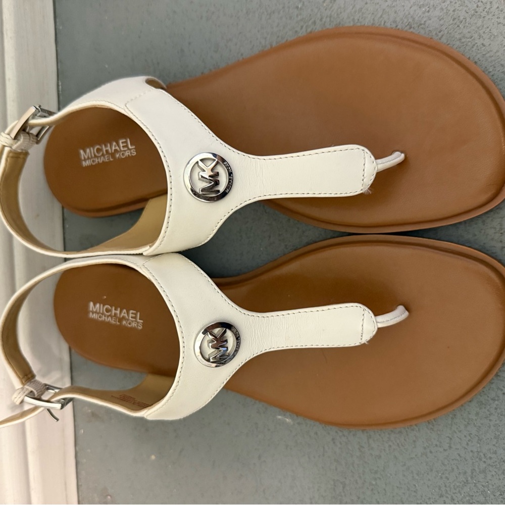 Michael Kors White and Brown Thong Sandals with Silver Embellishment